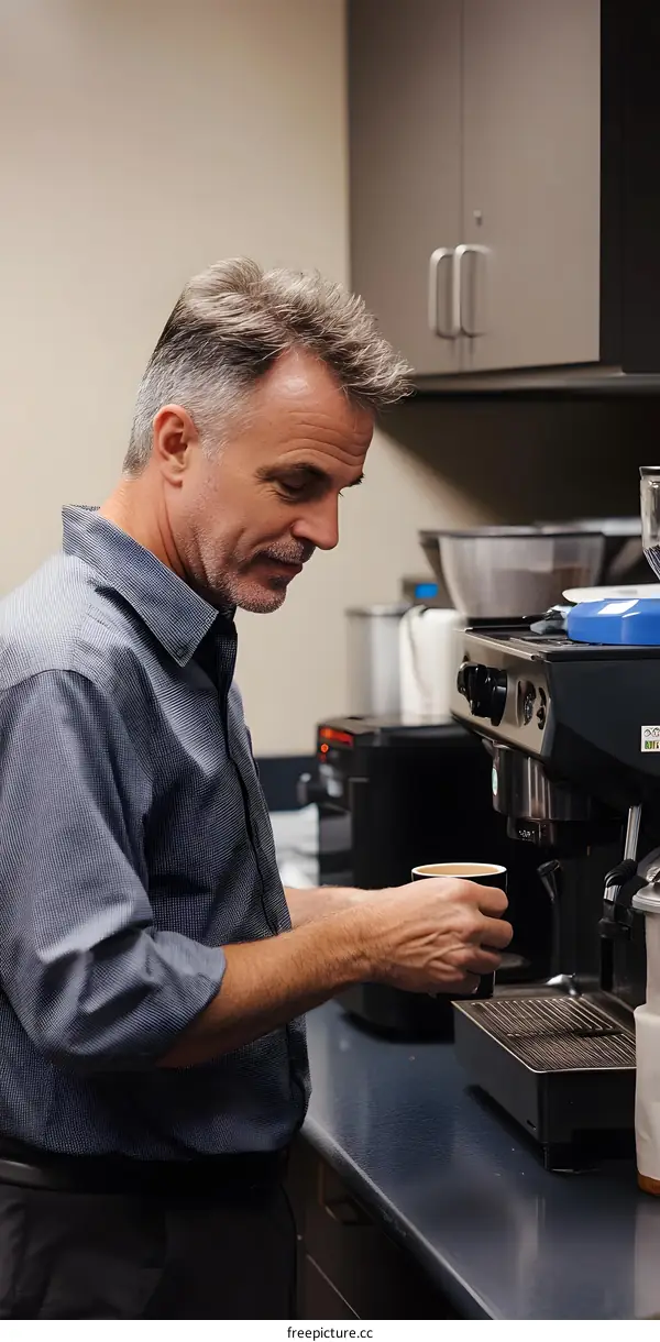 Man Making Coffee in Office Kitchen