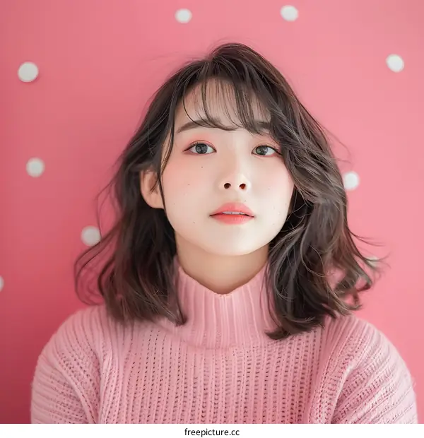 Portrait of Asian Woman in Pink Sweater with Polka Dot Background