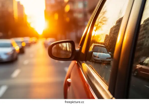 Sun Reflection in Car Side Mirror on Road