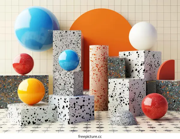 Colorful 3D Geometric Shapes on a Background with Patterns