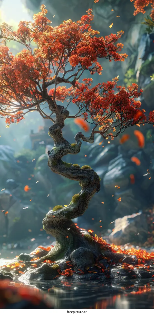 Fantasy Landscape with a Red Tree in Autumn