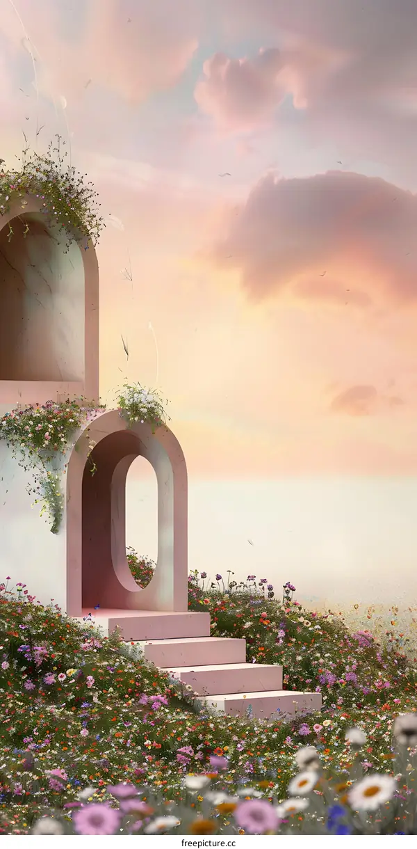 Pink Pastel Colored Archway With Flower Field