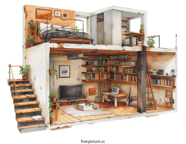 cozy home interior cutaway illustration