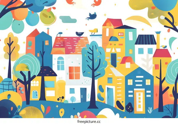 Colorful Illustration of a Small Town with Trees and Birds