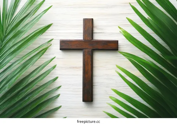 Wooden Cross on White Wooden Background with Palm Leaves