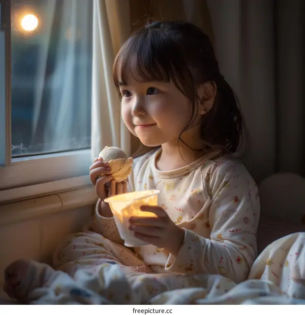 A cute little girl is eating ice cream and looking out the window