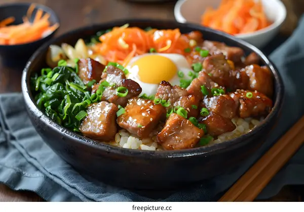 Korean Style Rice Bowl With Beef, Egg, And Vegetables