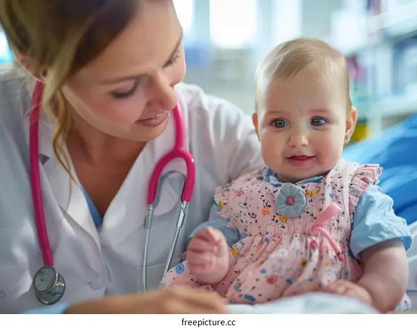 Pediatrician examining a smiling baby girl