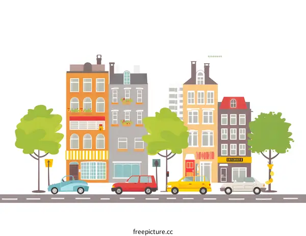 Cartoon Illustration of a City Street With Cars and Buildings