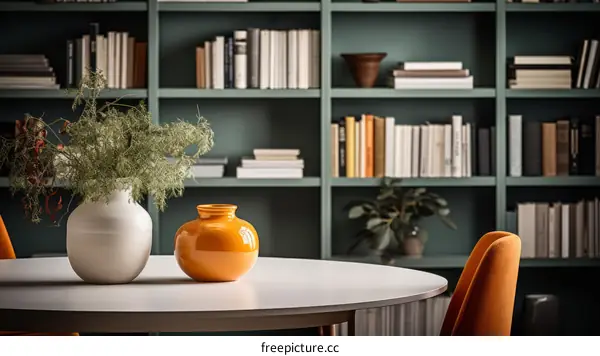 Modern Living Room with Large Bookshelf, Round Table, and Floral Arrangement