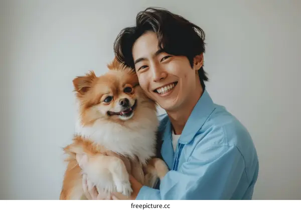 A smiling man hugging a Pomeranian dog