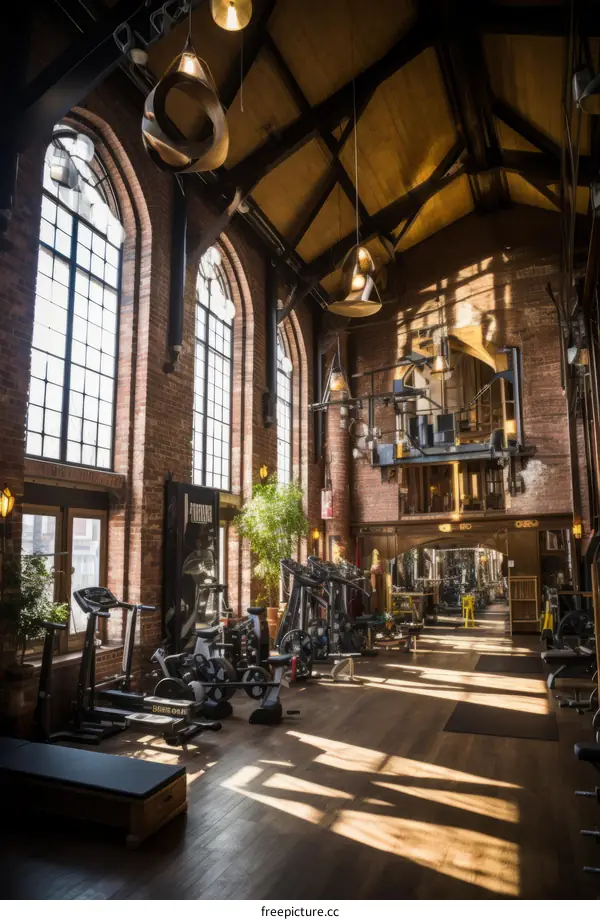 Retro styled fitness center with brick walls and large windows