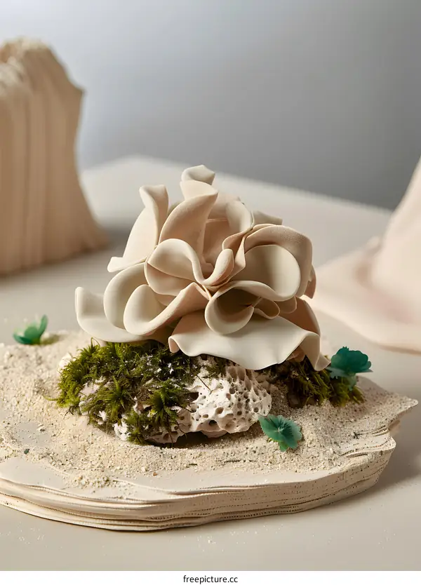 Abstract Beige Flower Decor With Moss and Coral on White Base