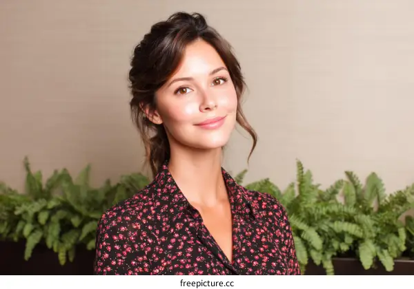 Smiling Woman in Floral Print Blouse