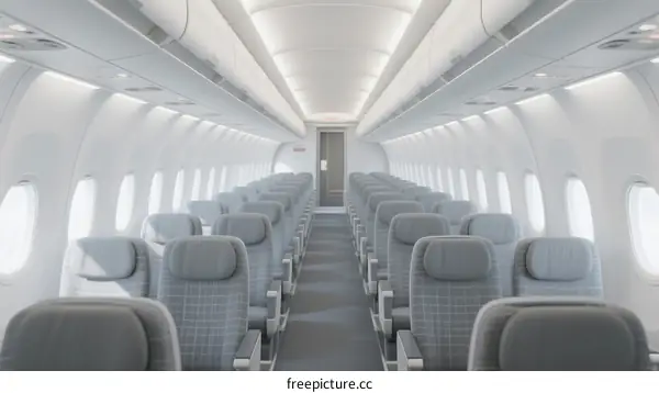 Interior of modern commercial airplane cabin with empty seats