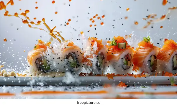 Sushi with orange flying fish eggs and soy sauce