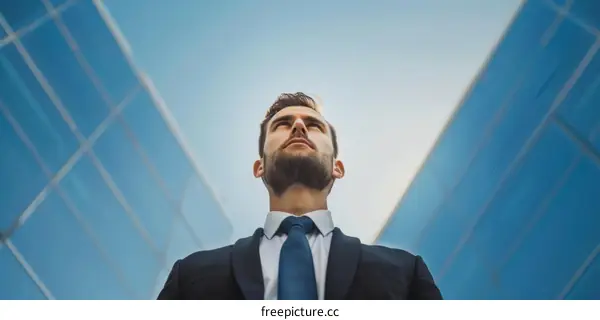 A businessman is looking up at a building.
