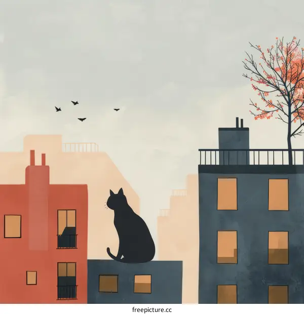 A black cat is sitting on the roof of a building, looking at the birds flying in the sky.