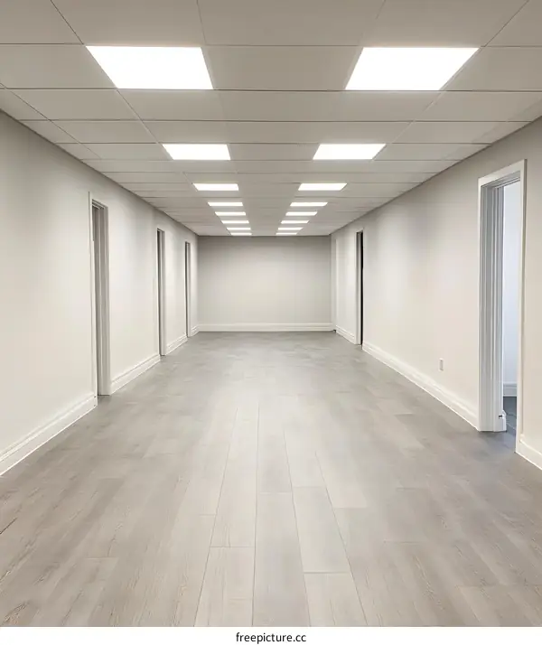 Empty White Hallway With Wooden Floor And Recessed Lighting