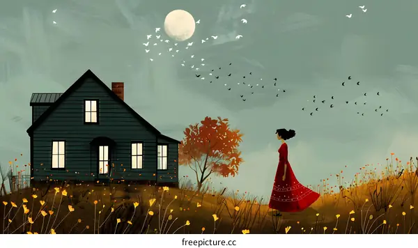 girl in red dress looking at the moon