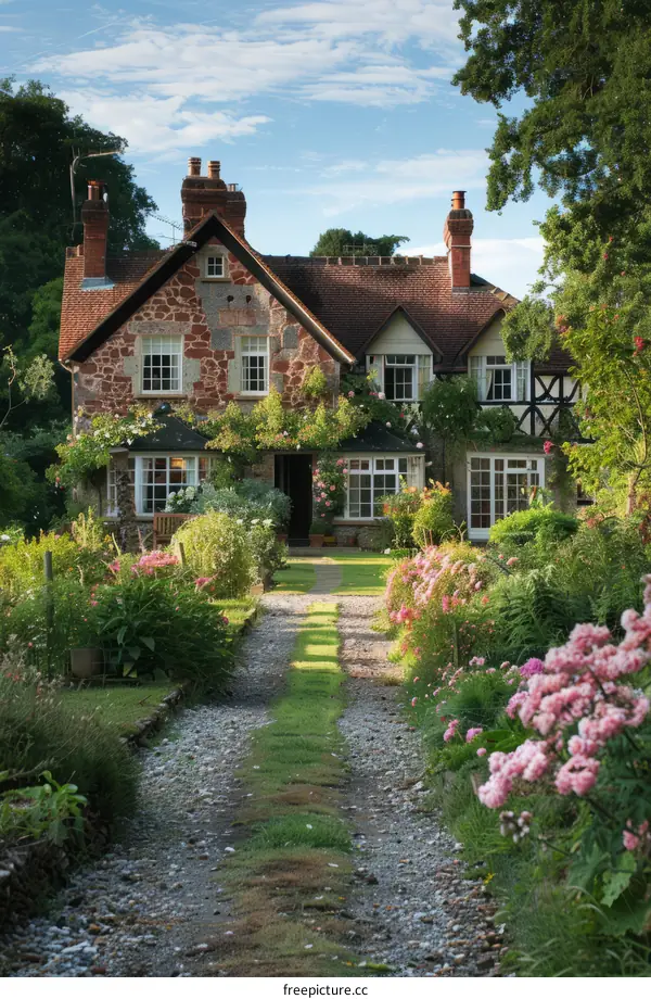Idyllic English Country House with a Flower Garden