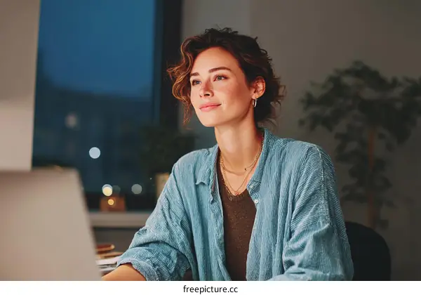 Woman Working Late Night at Home Office