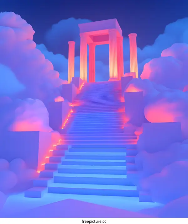Neon Steps Leading Up To a White Temple in Clouds