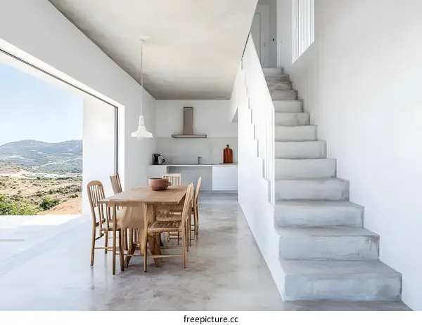 Modern White House Interior With Concrete Stairs And Dining Table