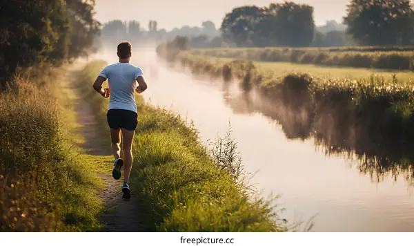 Man Running Along A Canal in The Fog