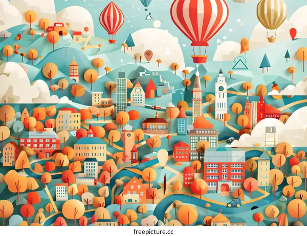 Colorful Geometric Cityscape with Hot Air Balloons