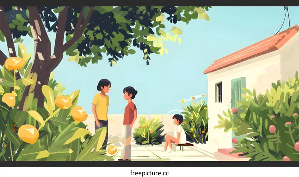 Three Friends in a Garden Illustration