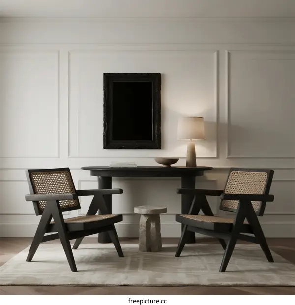 Minimalist Black Wooden Furniture with Rattan Chairs in Modern Living Room