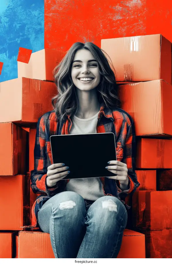 Woman Sitting Among Cardboard Boxes with Digital Tablet