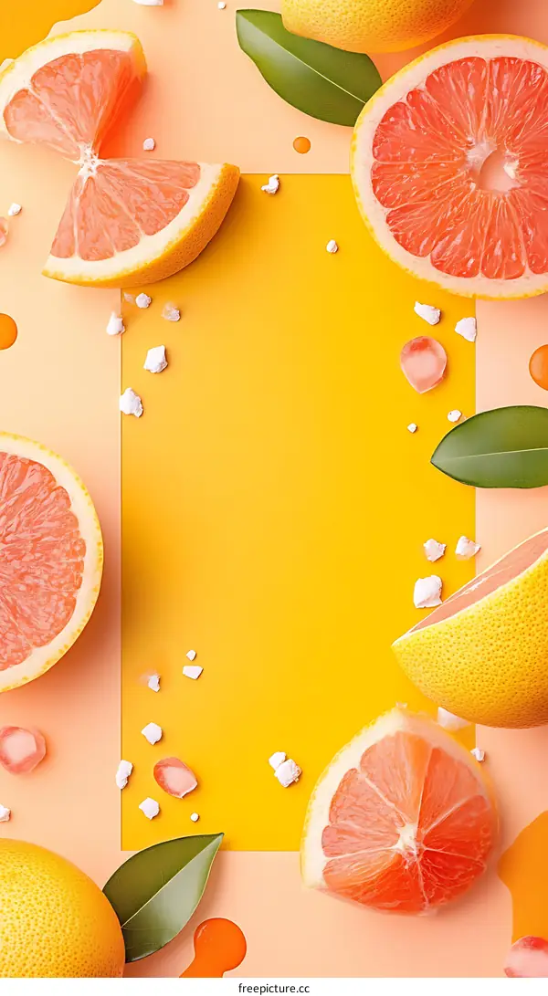 Grapefruit Slices and Leaves on Yellow and Peach Background