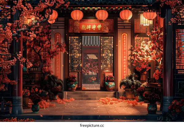 Chinese courtyard decorated with red lanterns and flowers for Spring Festival