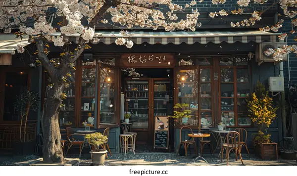Sakura Petals Falling on a Japanese Restaurant