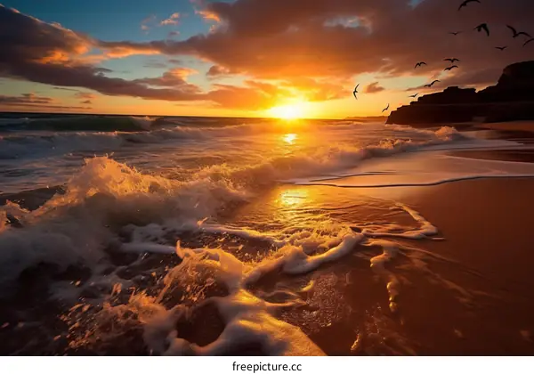 The setting sun casts a golden glow on the beach and the waves.