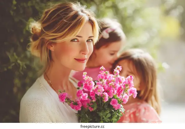 Mother and daughters with flowers in spring