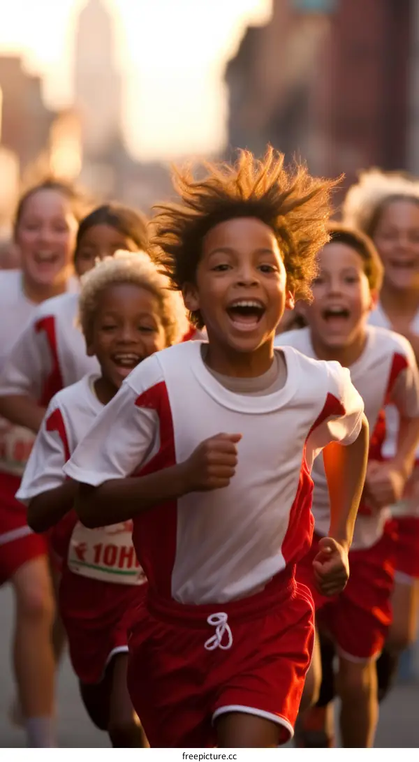 A group of children are running a race in the city.