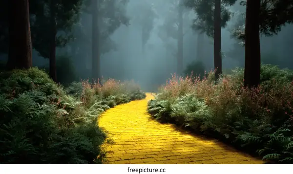 Yellow Brick Road Through a Misty Forest