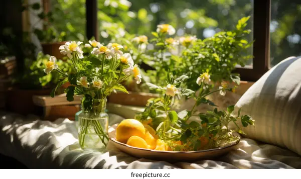 Still life with flowers and lemons on a windowsill