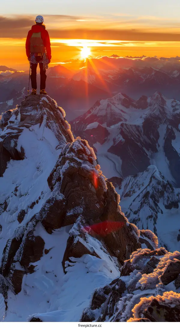 Mountaineer on the summit of a mountain at sunrise