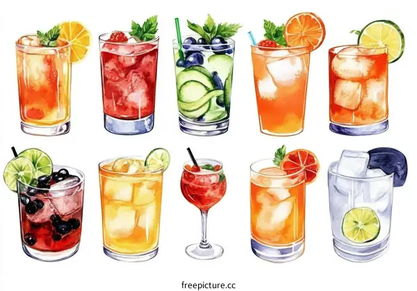 Colorful Watercolor Cocktails Illustrations