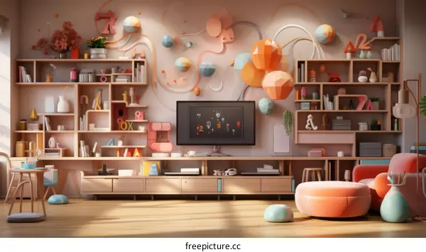 3D rendering of a living room with a TV, bookshelves, and a sofa