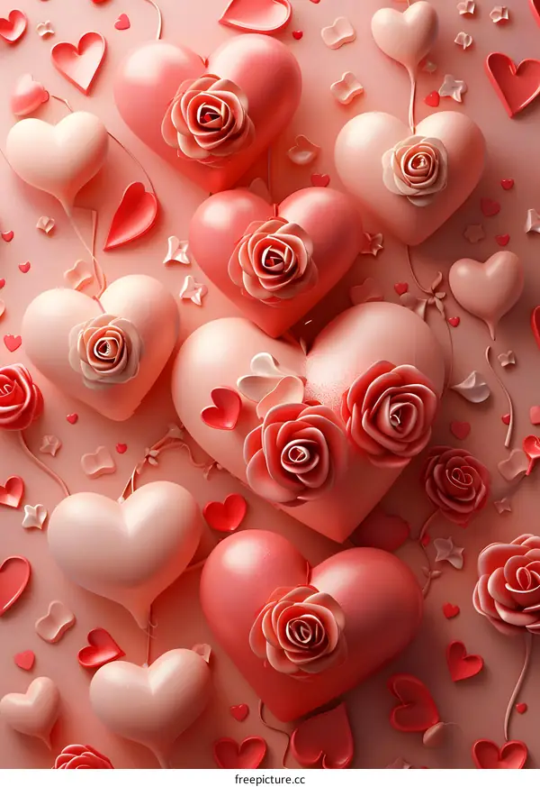 Pink heart-shaped balloons with roses