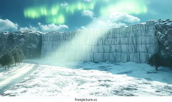 Frozen Wall in a Snowy Landscape with Aurora Borealis