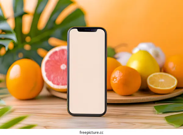 Smartphone Mockup with Fruits on Wooden Table