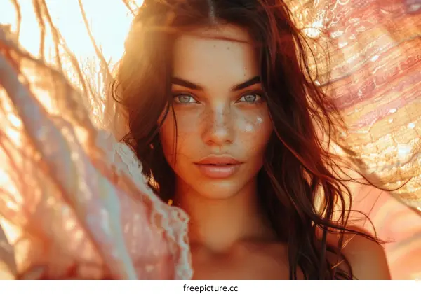 portrait of a beautiful young woman with freckles and blue eyes