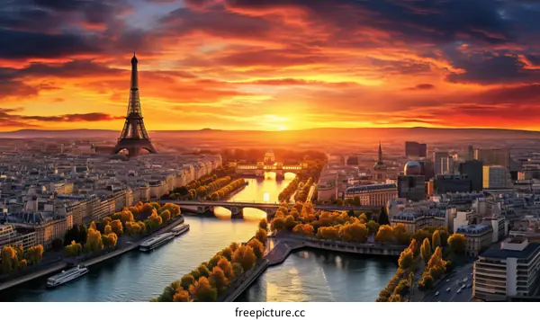 Paris cityscape with Eiffel Tower at sunset