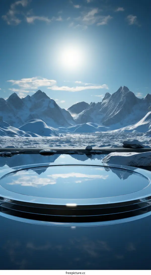 A futuristic landscape with mountains in the background and a snow covered platform in the foreground